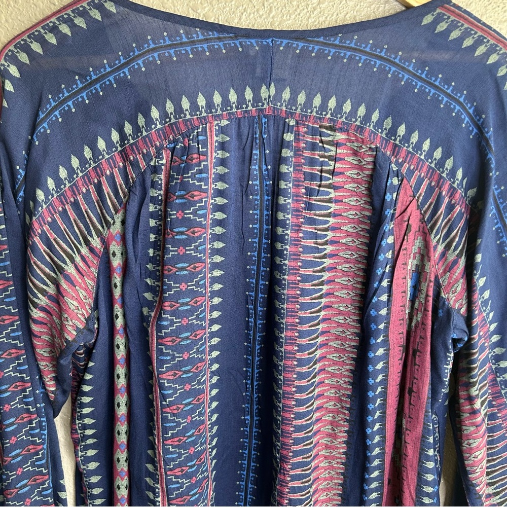 Roxy Navy Print Tunic Boho 3/4 Quarter Button Dress - Picture 5 of 10